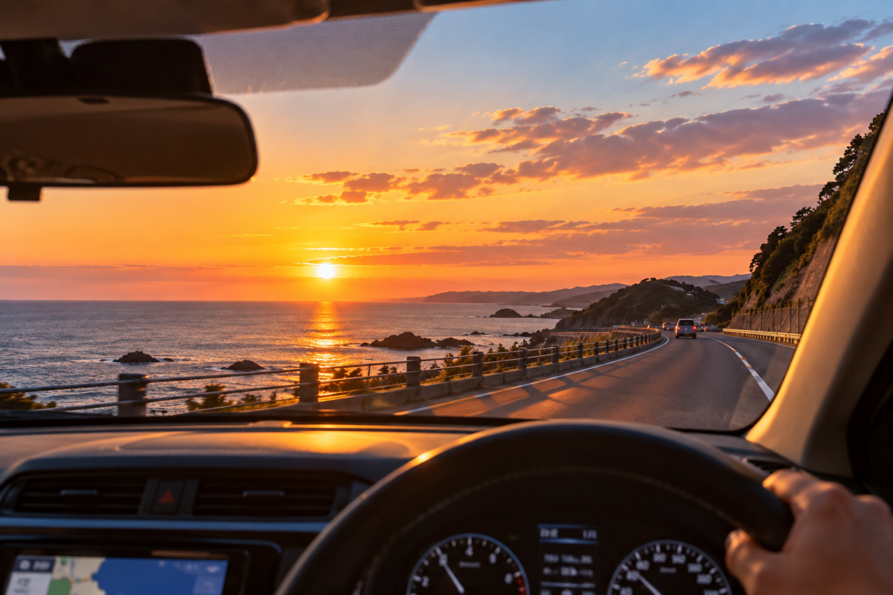 夕焼けの海岸線を走る車窓